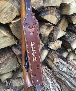 The American Store Personalized Leather Gun Sling Strap | Custom Rifle Shotgun Deer Sling With Tracks Deluxe XL Deer Head Is 2"x2"